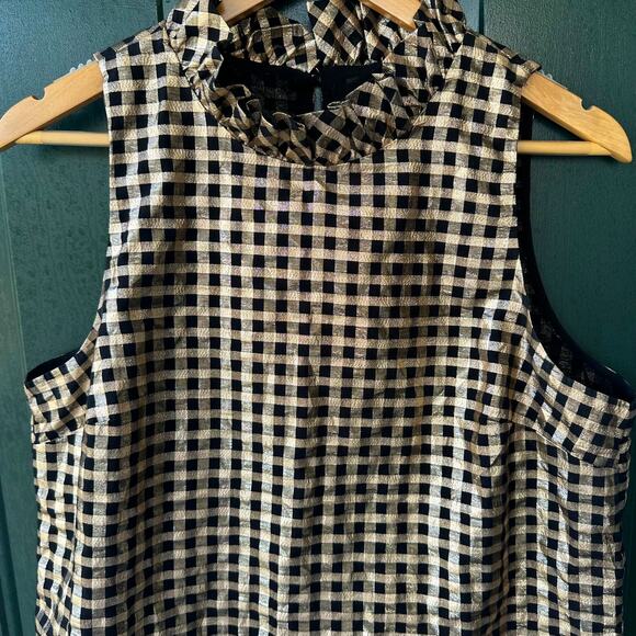 J.Crew Gold Gingham Metallic Halter Top M Black Sleeveless Holiday Party Blouse - Picture 2 of 7